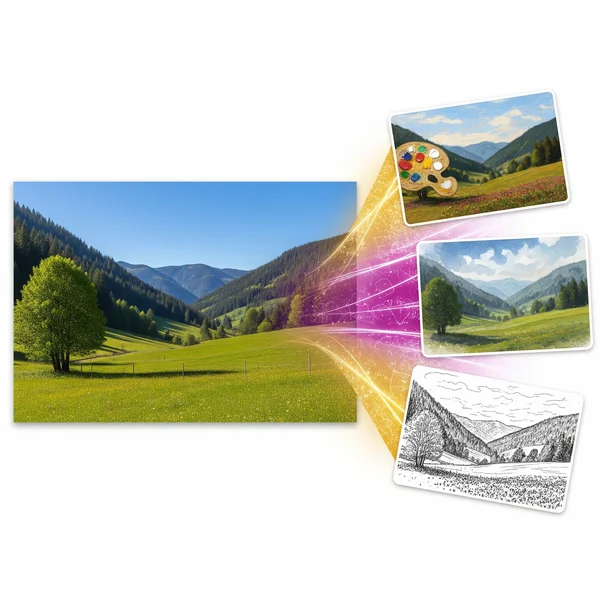 AI transforming photo to various painting styles concept