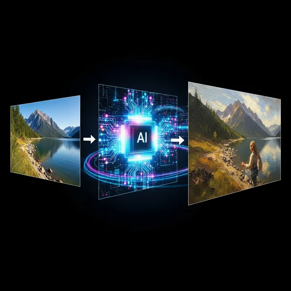 AI algorithm converting photo to oil painting concept