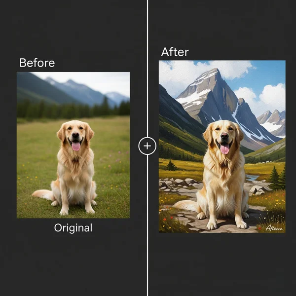 Before and after AI photo to realistic oil painting