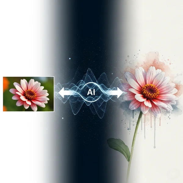 AI transforming flower photo to watercolor painting