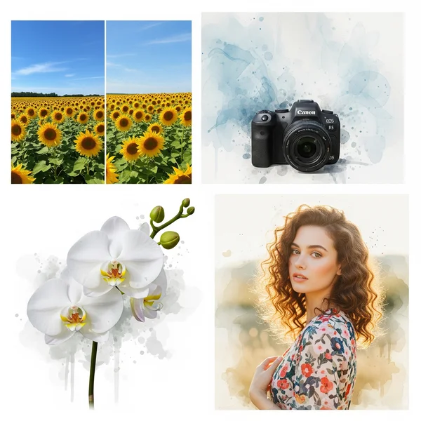 AI watercolor examples: landscape, floral, portrait