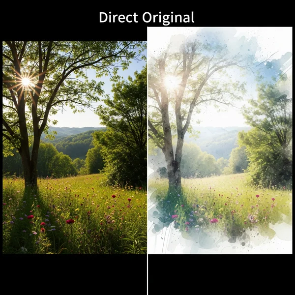 Before and after AI photo to ethereal watercolor art