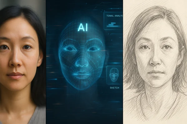AI analyzing photo for sketch conversion concept