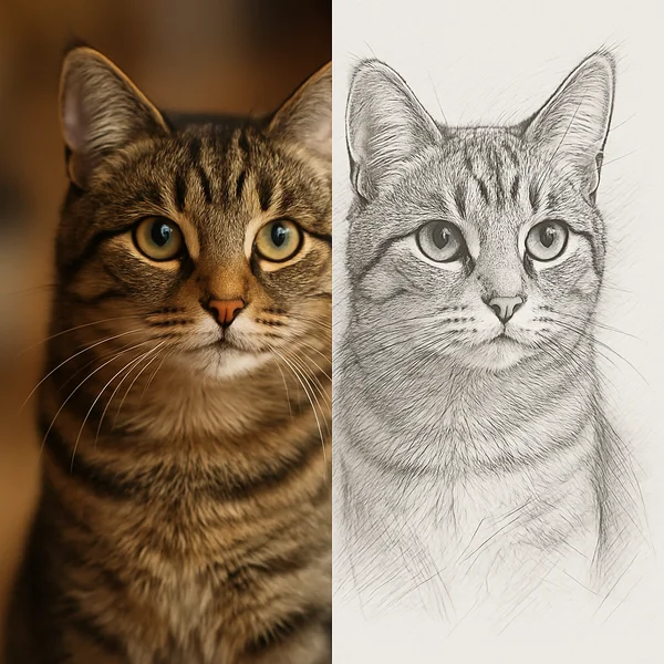 Before and after AI photo to detailed sketch effect