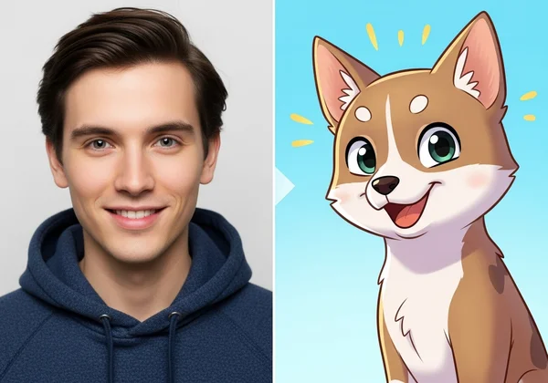 Photo before and after cartoon transformation with AI.