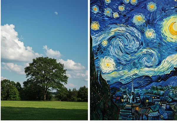 A landscape photo transformed into Van Gogh style by AI.