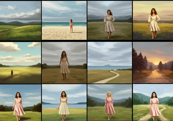 Gallery of AI painting styles: oil, watercolor, sketch, cartoon.