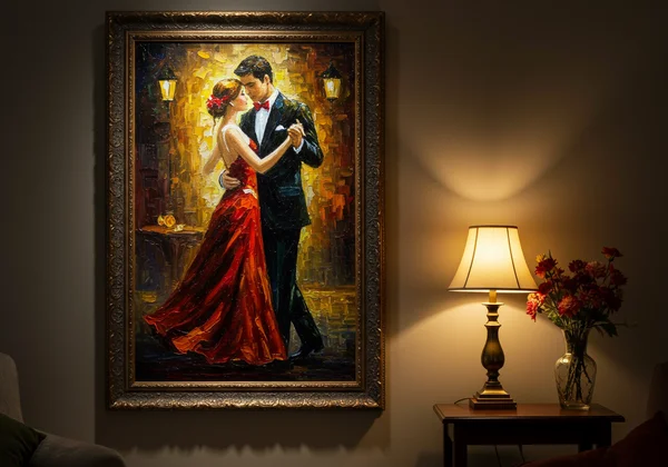 Framed oil painting of a couple as an anniversary gift.