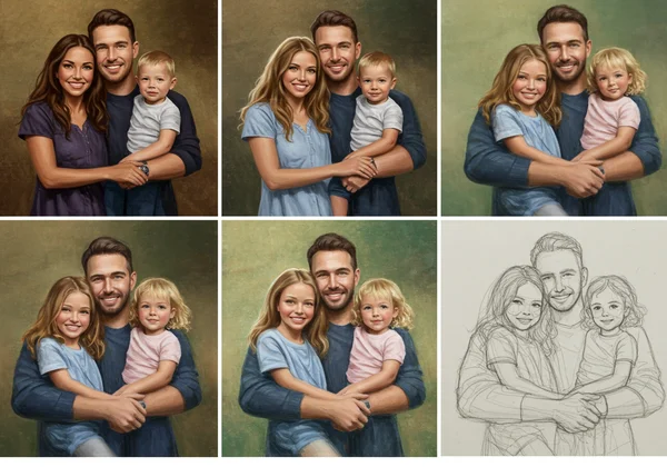 Same family photo shown in oil, watercolor, and sketch styles