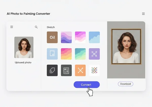 Simple, intuitive AI photo to painting app interface.