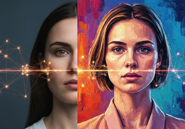 Photo transforming into a painting with digital brushstrokes.