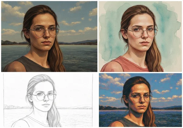 Grid showing diverse AI painting styles: oil, sketch, pixel art.
