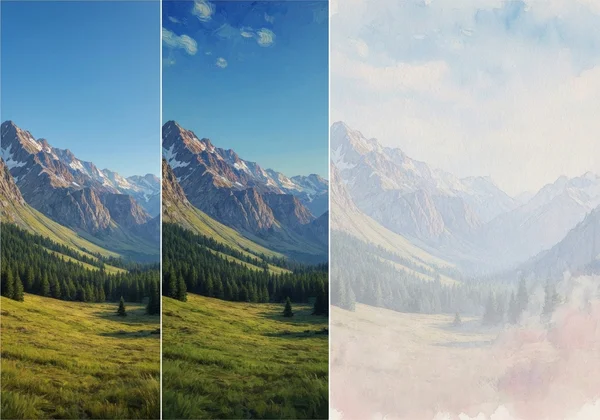 A photo shown in three different AI painting styles side-by-side.