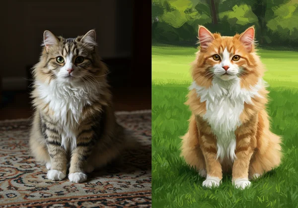 Before and after AI painting of a pet, showing improvement