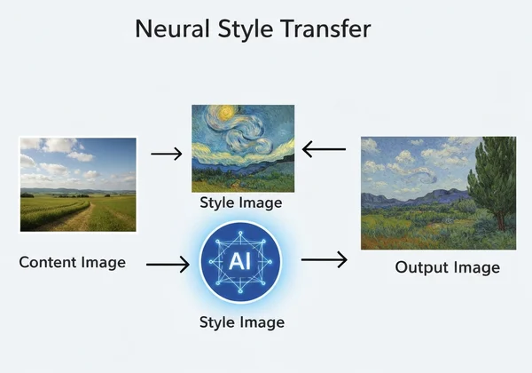 Diagram showing neural style transfer: content + style = new art