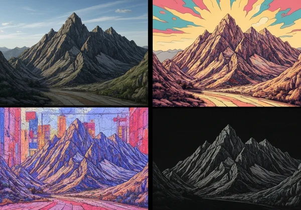 Multiple photos transformed into diverse AI painting styles