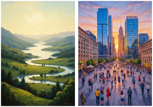 A landscape in Van Gogh style next to a pixel art portrait