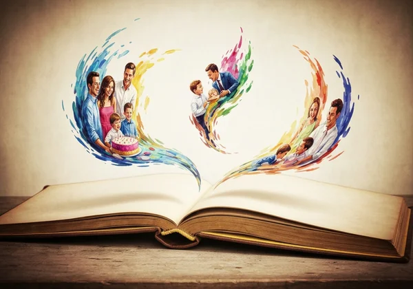 Old photo album opening to reveal artistic paintings