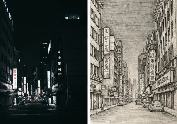 Grainy image transforming into a textured sketch artwork