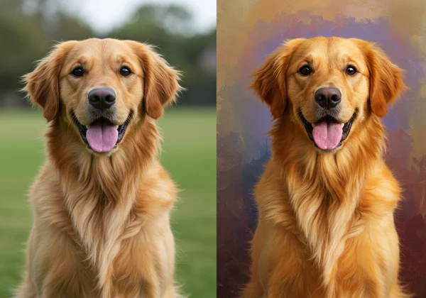 Before-after of a pet photo transformed into a painting