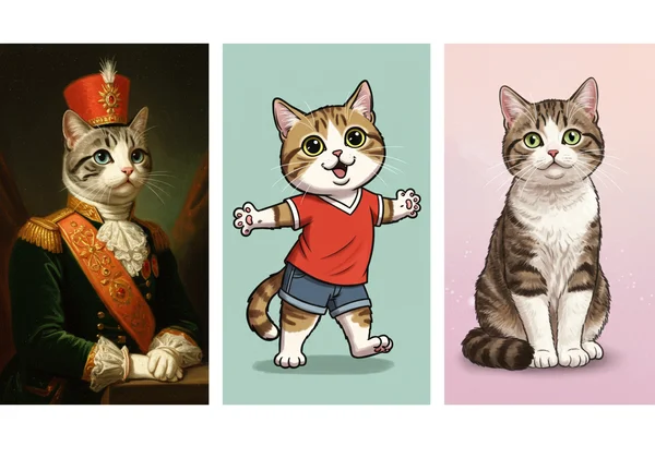 Different art styles for pet portraits: oil, cartoon, watercolor