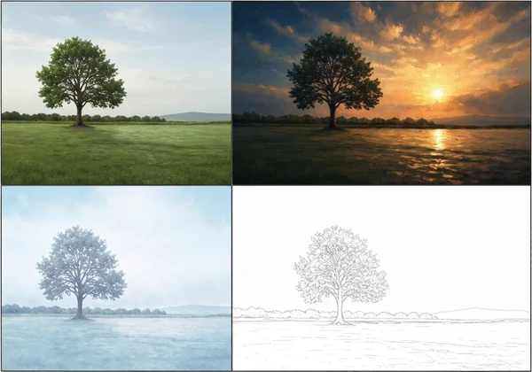 Single photo shown in oil, watercolor, sketch, anime styles