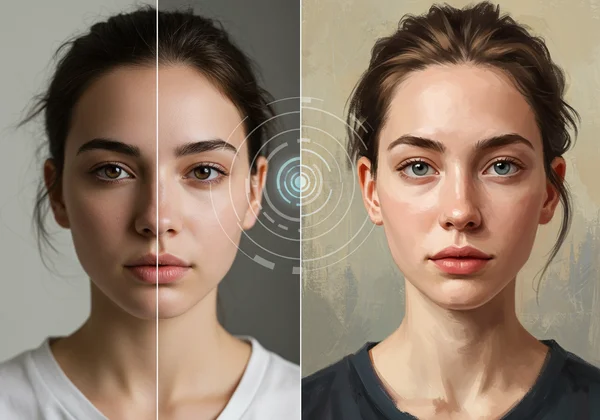 Photo transforming into a painting via AI, showing digital art