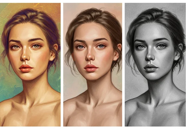 Three portraits showing oil, watercolor, and sketch styles