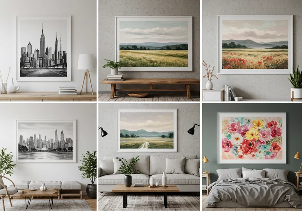 Home interiors showing AI art in different aesthetics