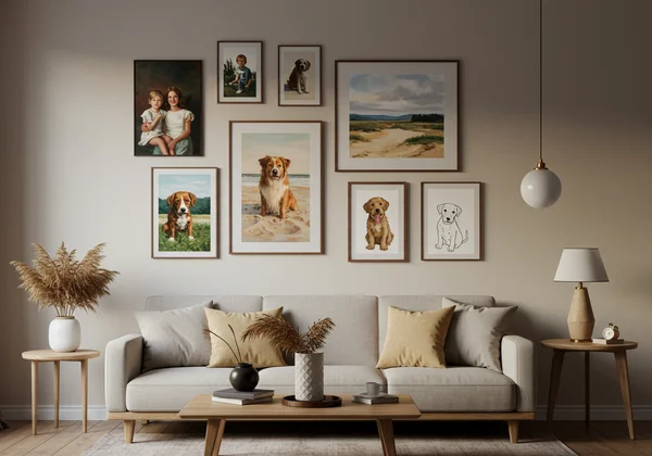 Cozy living room with a curated AI art gallery wall