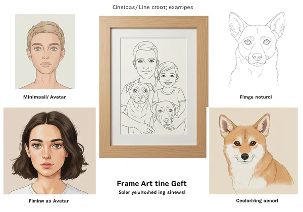 Diverse AI line art uses: avatar, gift, coloring page