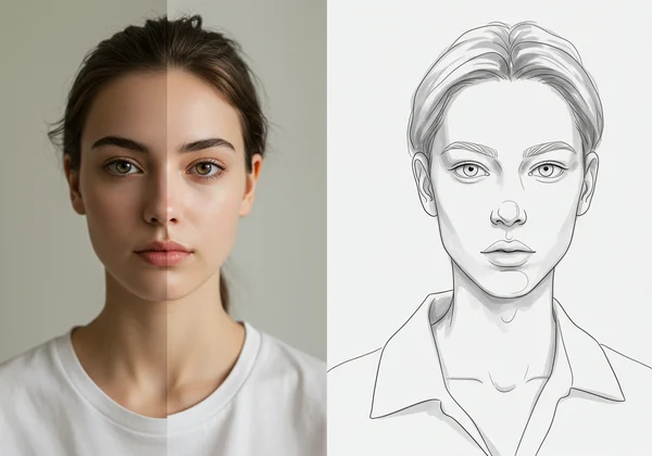 Photo transforming into elegant minimalist line art sketch