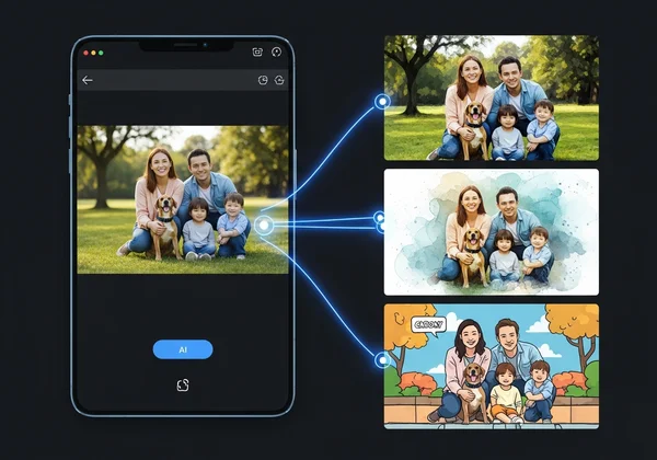 AI transforming a photo into various art styles