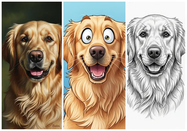 Pet photo transformed into oil, cartoon, and sketch