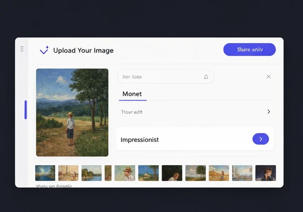 Screenshot eines KI-Tools zur Auswahl des Monet-Stils für den Foto-Upload