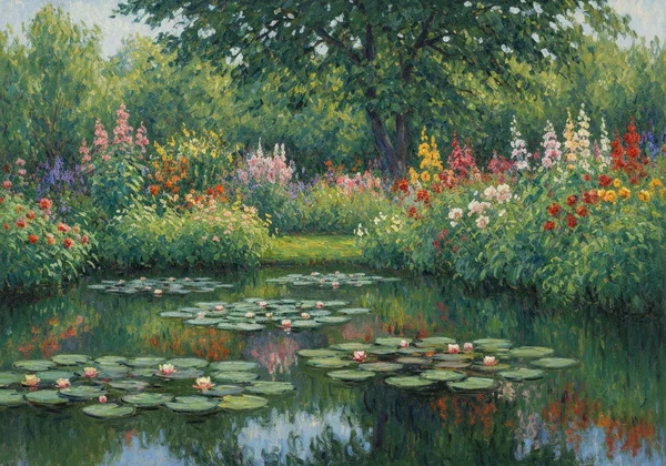 Monet-Stil-Landschaft mit Seerosen und lebendigem Garten