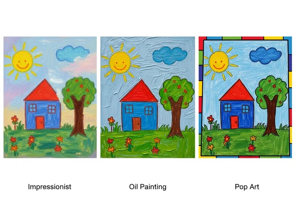 विभिन्न AI शैलियों में बच्चे की कला के उदाहरण