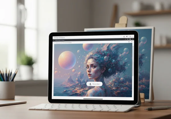 स्क्रीन पर डाउनलोड की गई एआई पेंटिंग