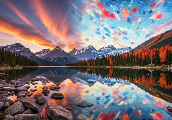 Landscape photo transforming into painting